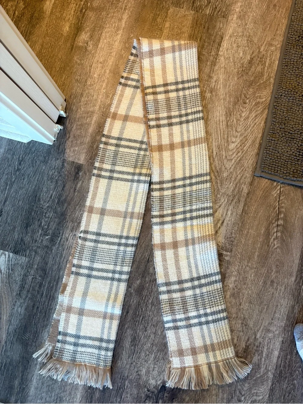 Soft plaid tan and white winter scarf